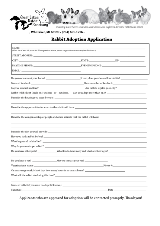 Rabbit Adoption Application Printable pdf