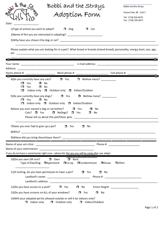 Bobbi And The Strays Adoption Form Printable pdf