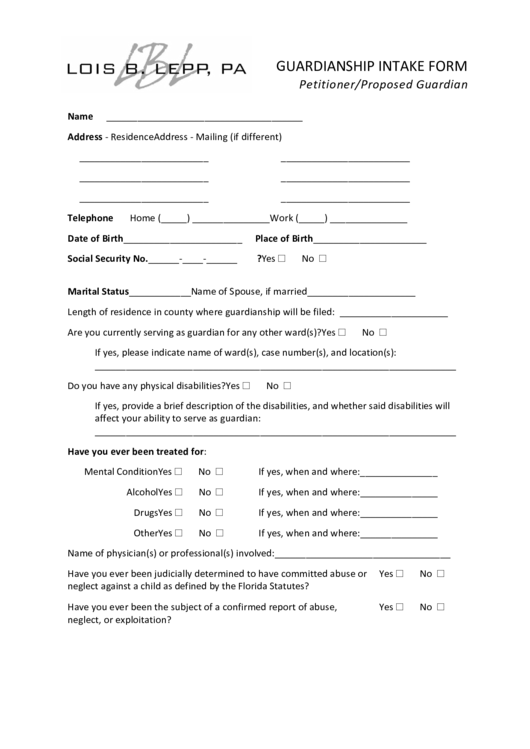 Guardianship Intake Form Petitioner/proposed Guardian Printable pdf