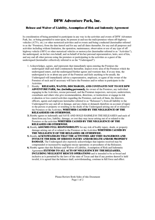 Dfw Adventure Park, Inc. Release And Waiver Of Liability, Assumption Of Risk And Indemnity Agreement Printable pdf