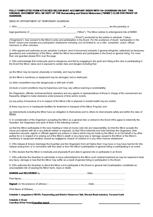 Deed Of Appointment Of Temporary Guardian Form Printable pdf
