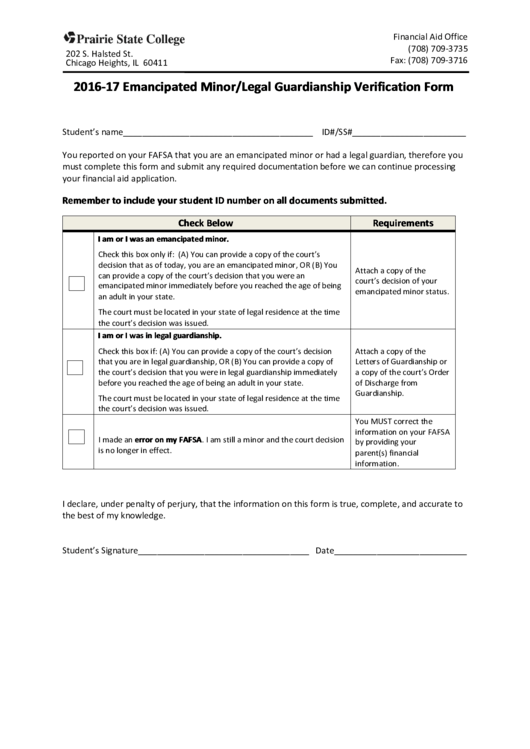 2016-17 Emancipated Minor/legal Guardianship Verification Form Printable pdf