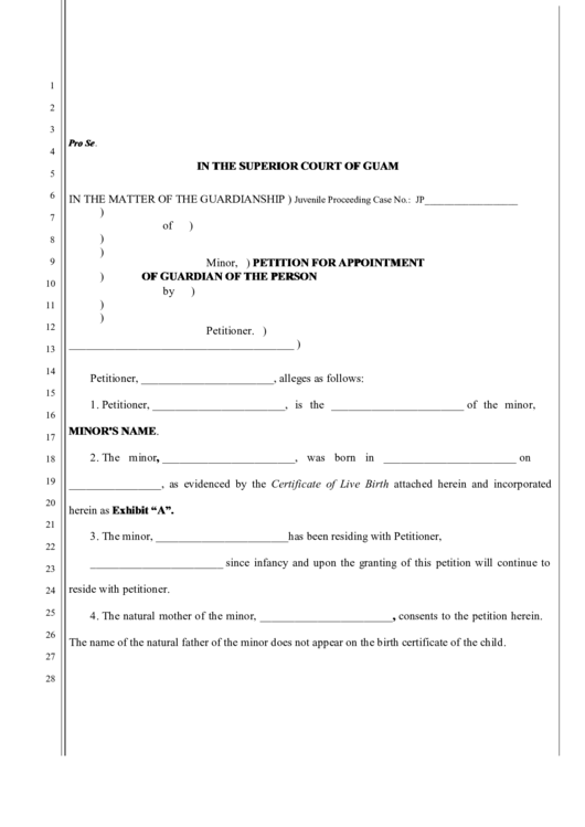 Fillable Self Represented Litigant Court Form - Guardianship Petition, Petitioner Not Parent - Superior Court Of Guam Printable pdf