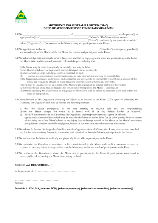 Deed Of Appointment Of Temporary Guardian Template Printable pdf