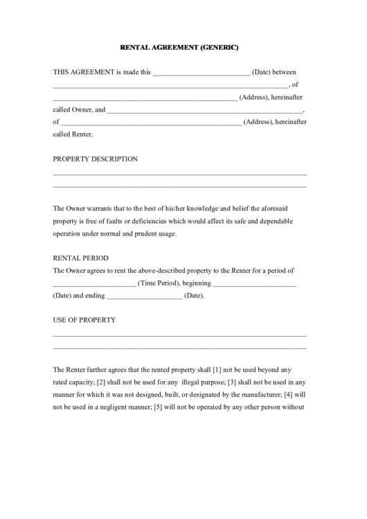 Rental Agreement (Generic) Template Printable pdf