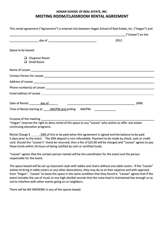 Hogan School Of Real Estate, Inc. Meeting Room/classroom Rental Agreement Form Printable pdf