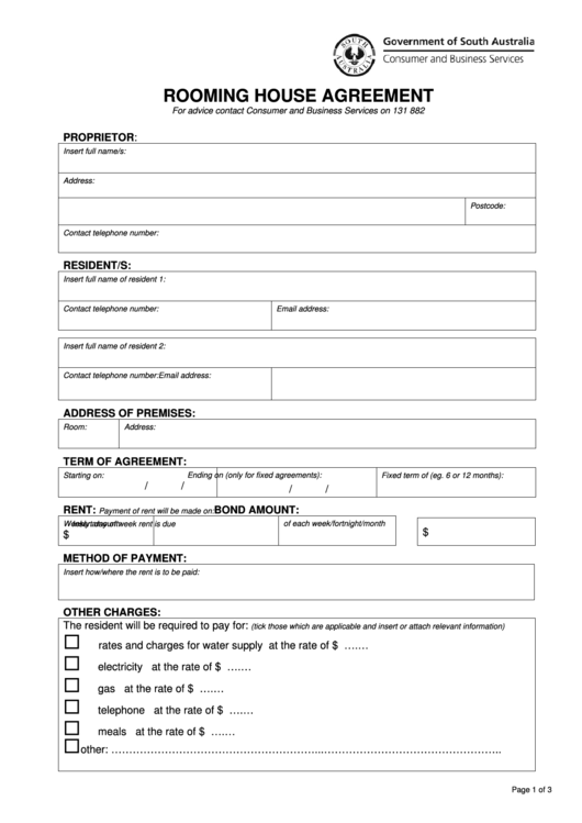 Rooming House Agreement Form - Government Of South Australia Printable pdf