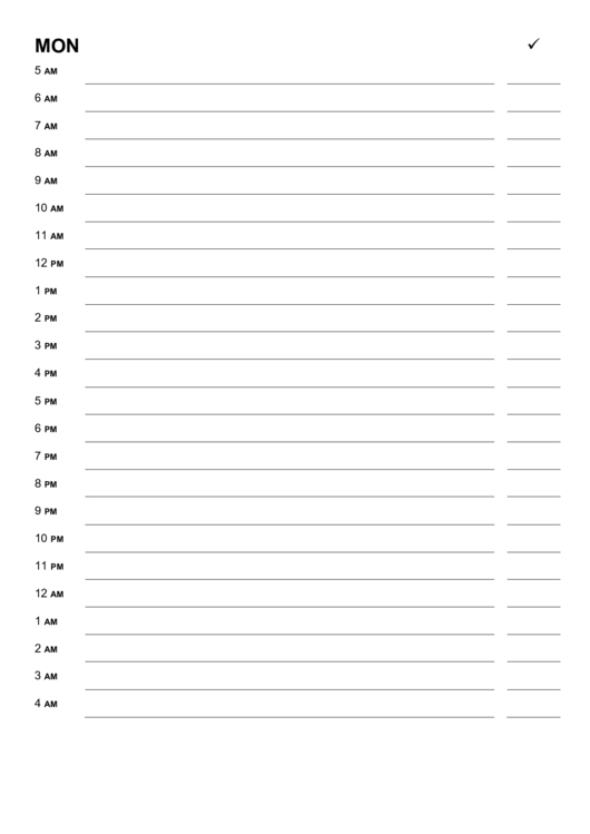 Monday Hourly Planner Template Printable pdf