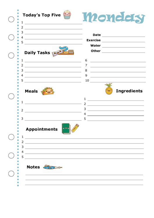 Daily Planner Template: Monday Printable pdf