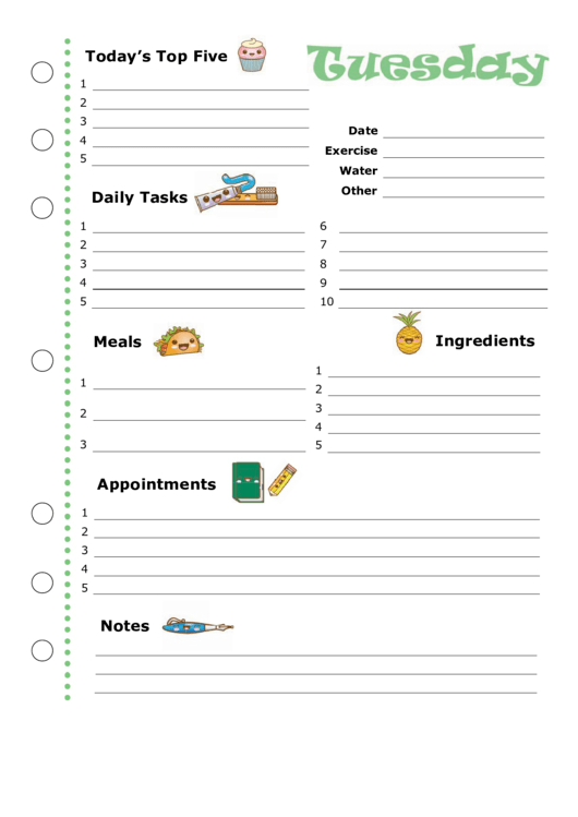 Daily Planner Template: Tuesday Printable pdf