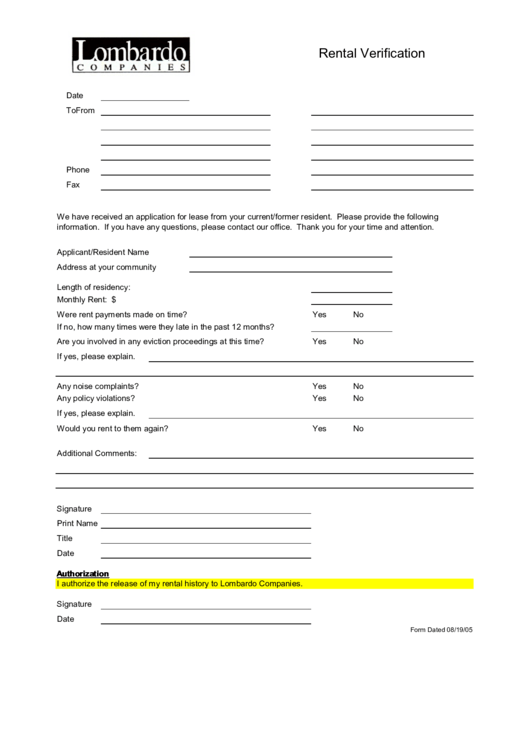 Rental Verification Printable pdf