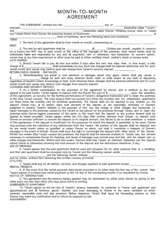 Fillable Month-To-Month Agreement Form - State Of California Printable pdf