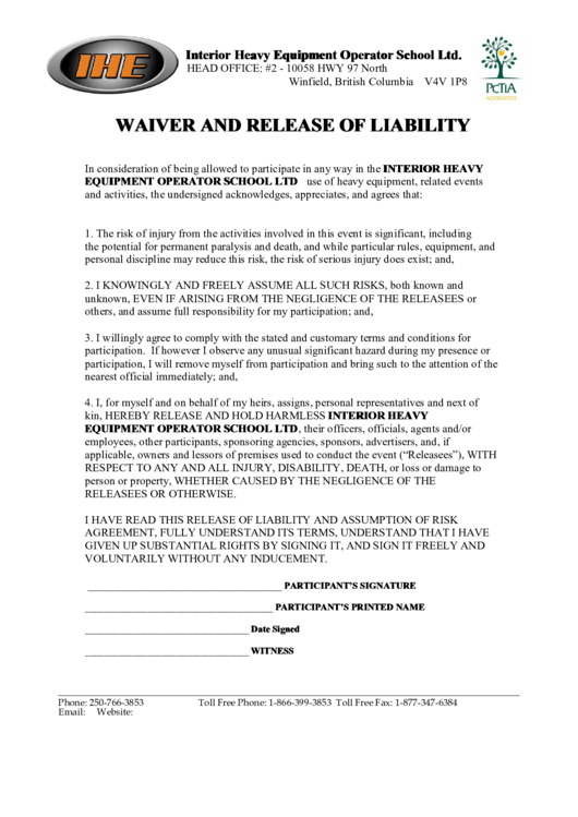Waiver And Release Of Liability Printable pdf