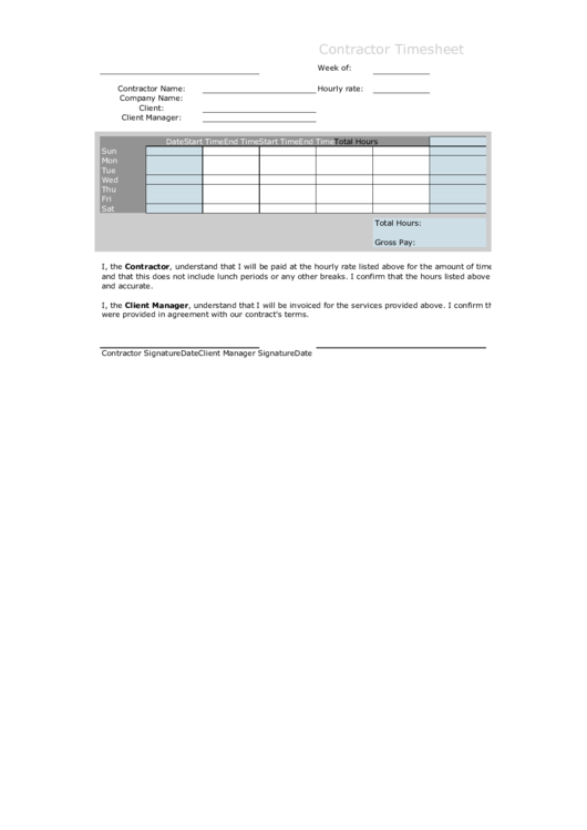 Contractor Weekly Timesheet Template Printable pdf