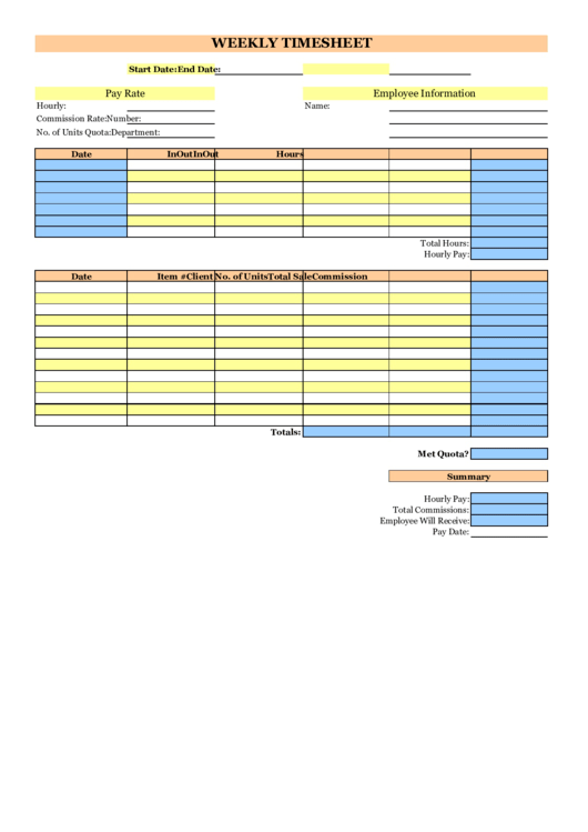 Weekly Timesheet Template - Yellow And Blue Printable pdf