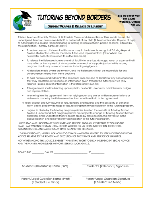 Student Waiver & Release Of Liability Printable pdf