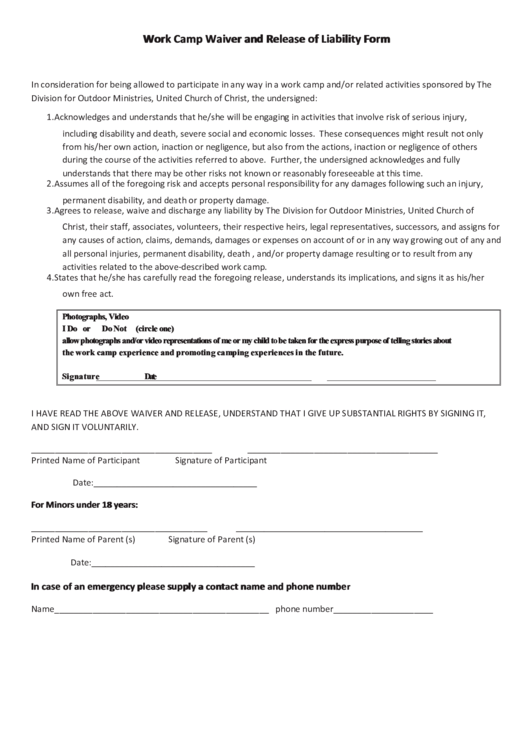 Work Camp Waiver And Release Of Liability Form Printable pdf