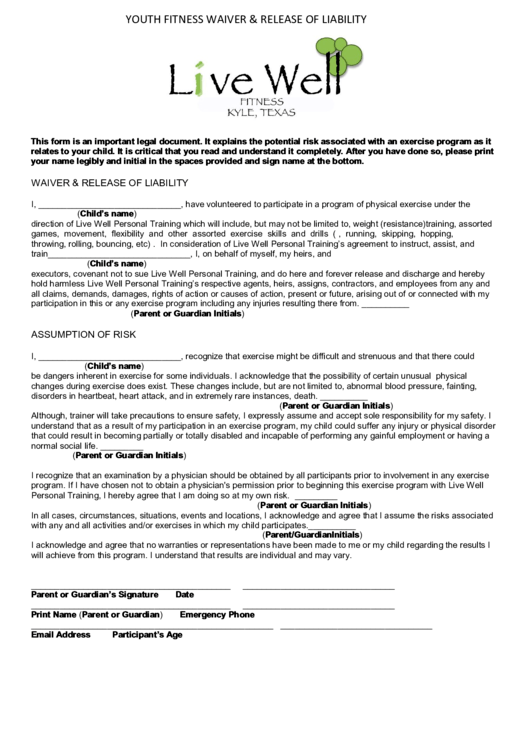 Youth Fitness Waiver & Release Of Liability Printable pdf