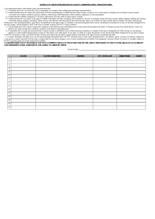 Softball Player Waiver, Release Of Liability, Indemnification, And Roster Form Printable pdf