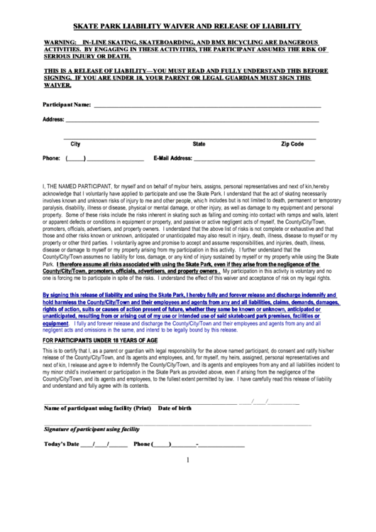 Skate Park Liability Waiver And Release Of Liability Printable pdf