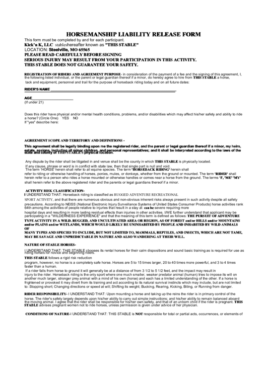 Horsemanship Liability Release Form Printable pdf