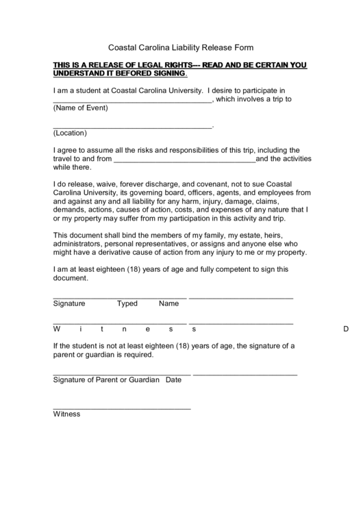 Fillable Coastal Carolina Liability Release Form Printable pdf