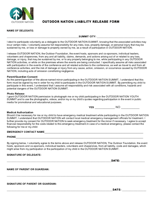 Outdoor Nation Liability Release Form Printable pdf