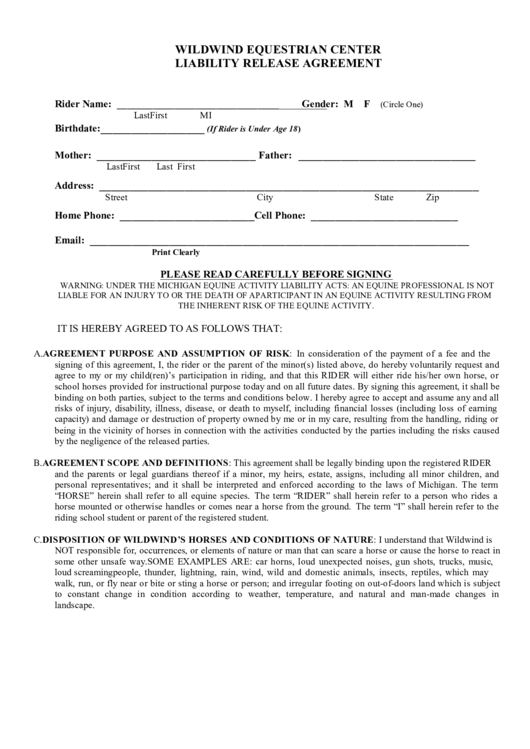 Wildwind Equestrian Center Liability Release Agreement Printable pdf