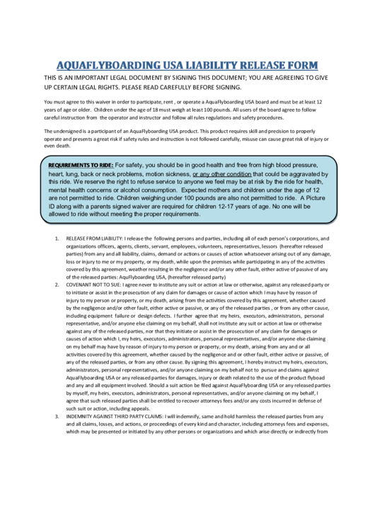 Aquaflyboarding Usa Liability Release Form Printable pdf