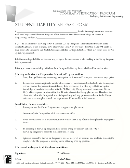 Student Liability Release Form Printable pdf