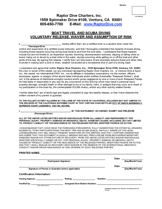 Boat Travel And Scuba Diving Voluntary Release, Waiver And Assumption Of Risk Printable pdf