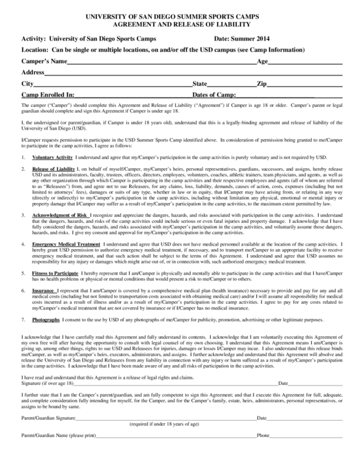 University Of San Diego Summer Sports Camps Agreement And Release Of Liability Printable pdf