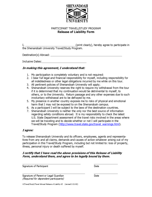 Participant Travel/study Program Release Of Liability Form Printable pdf