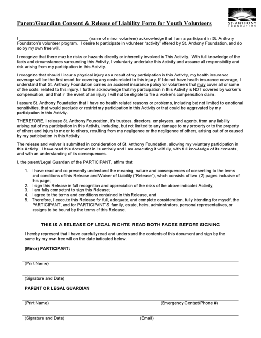Parent/guardian Consent & Release Of Liability Form For Youth Volunteers Printable pdf
