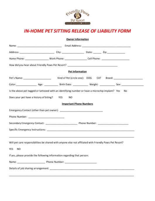 In-Home Pet Sitting Release Of Liability Form Printable pdf