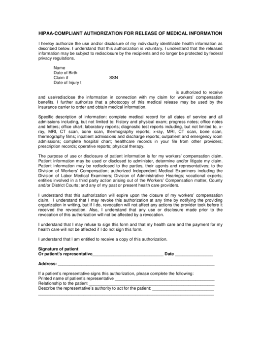 Hipaa-Compliant Authorization Form For Release Of Medical Information Printable pdf