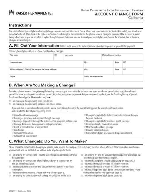 Fillable Account Change Form - Kaiser Permanente For Individuals And Families Printable pdf