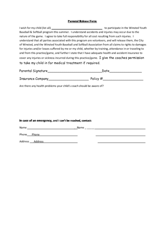 Parental Release Form Printable pdf