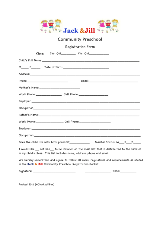 Community Preschool Registration Form Printable pdf