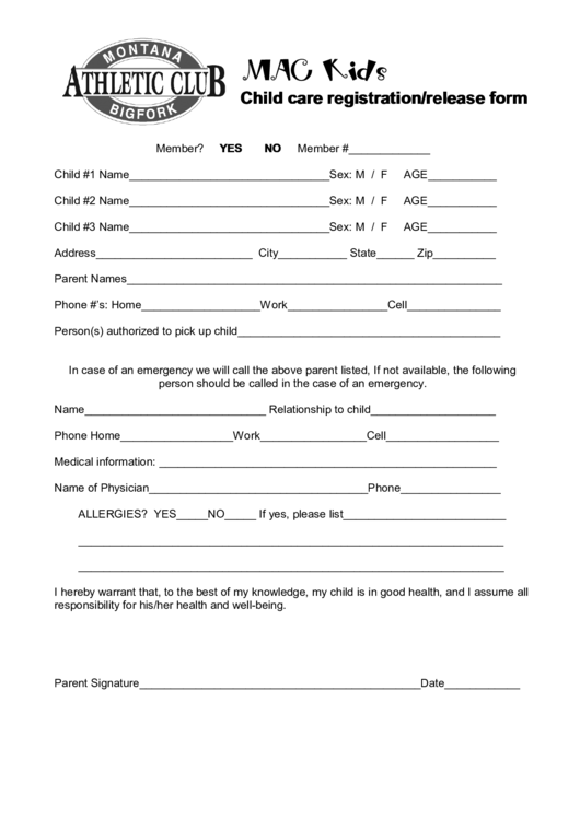 Child Care Registration Release Form Printable pdf