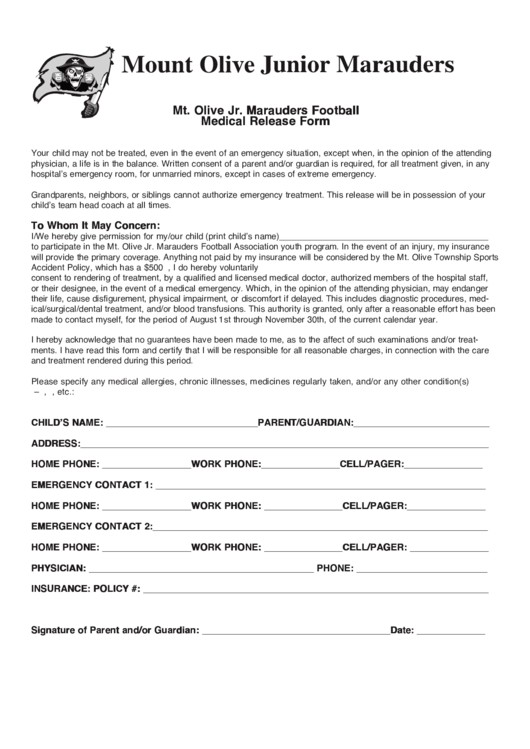 Mt. Olive Jr. Marauders Football Medical Release Form