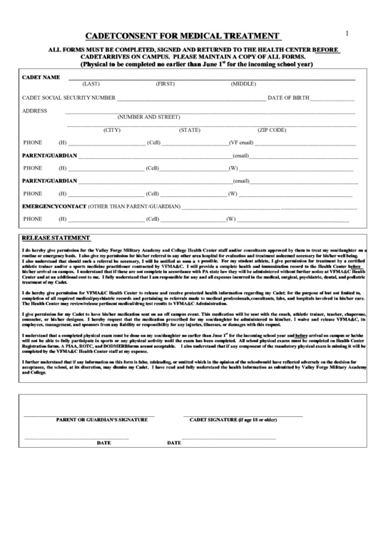 Cadet Consent For Medical Treatment Printable pdf