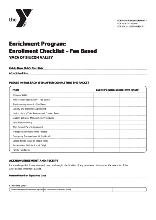 Enrollment Checklist - Fee Based Ymca Of Silicon Valle Printable pdf