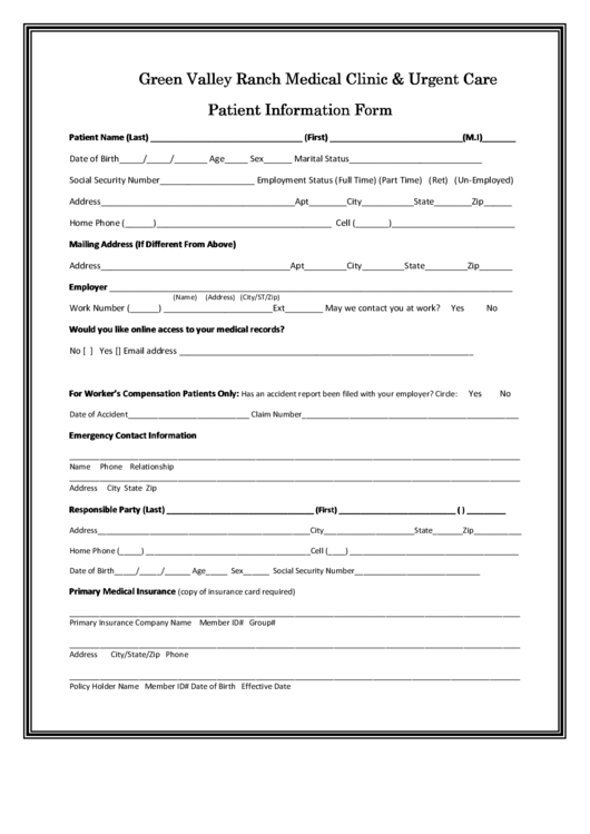 Patient Information Form - Green Valley Ranch Medical Clinic & Urgent Care Printable pdf