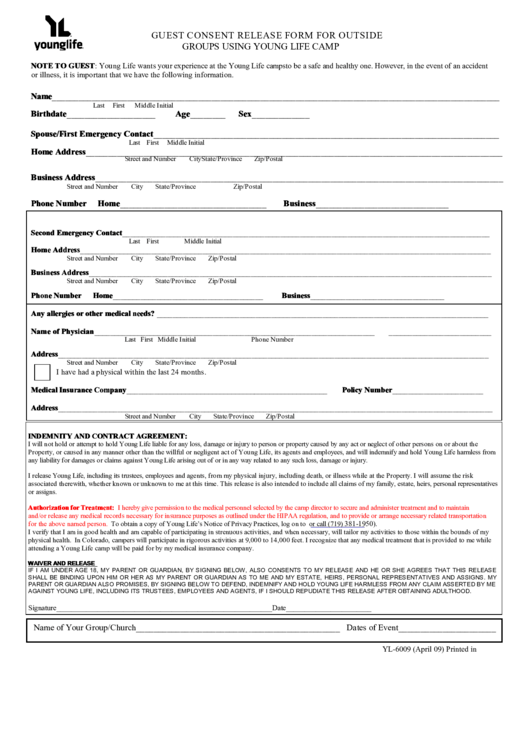 Guest Consent Release Form For Outside Groups Using Young Life Camp