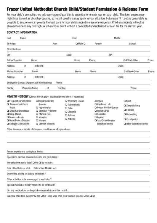 Frazer United Methodist Church Child/student Permission & Release Form Printable pdf