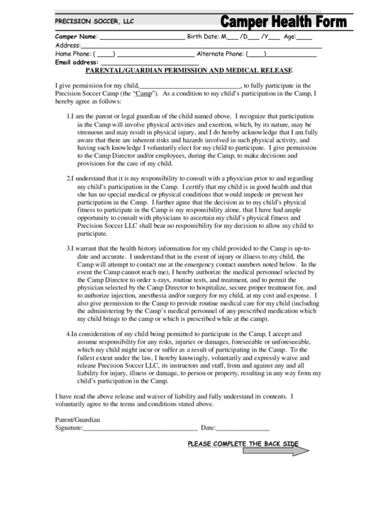 Parental/guardian Permission And Medical Release Printable pdf