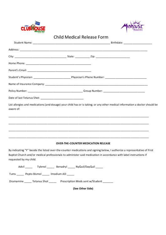 Child Medical Release Form Printable pdf
