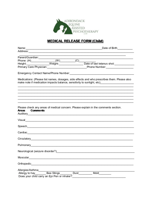 Medical Release Form (Child) Printable pdf