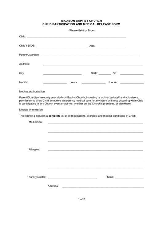 Madison Baptist Church Child Participation And Medical Release Form Printable pdf